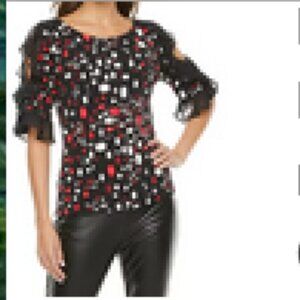 Bold Elements Black Red White Ruffled Blouse "Family Jewels"  Large NWT